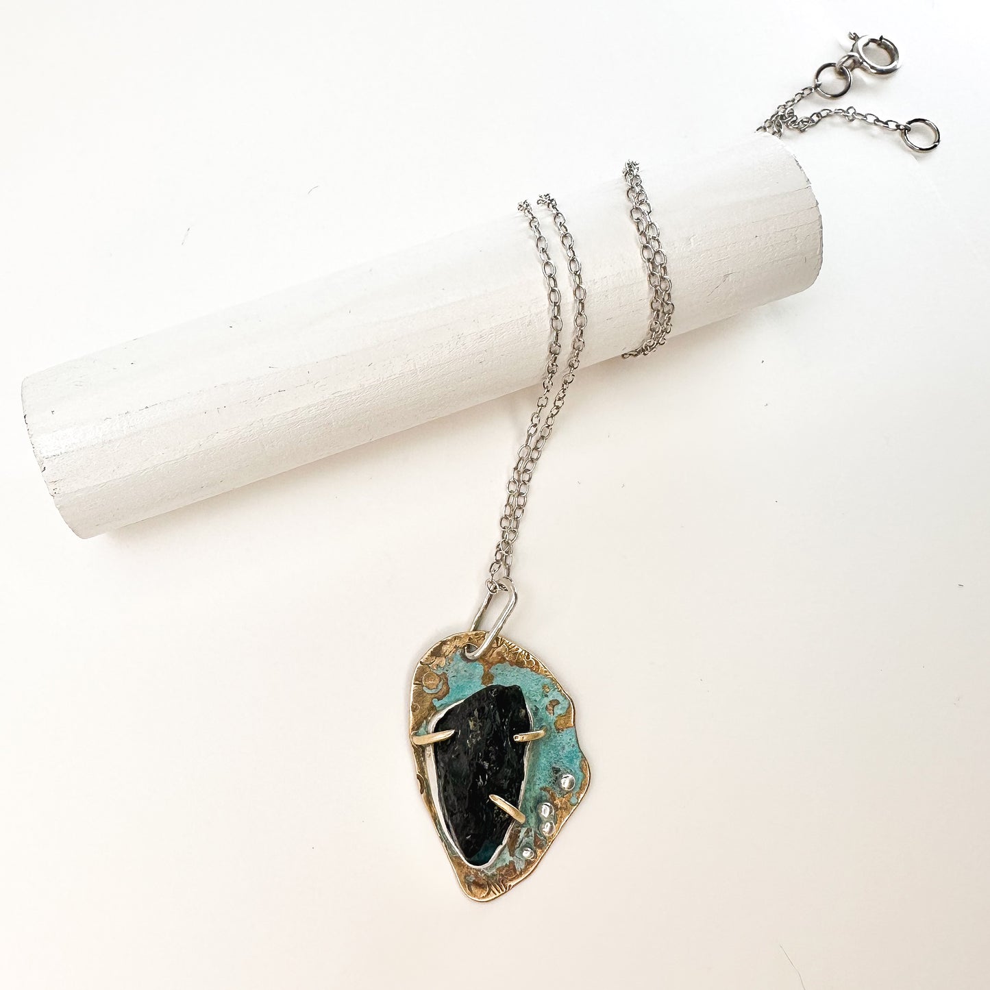Eclipse Relic Pendant – Black Tourmaline & Verdigris Brass Necklace