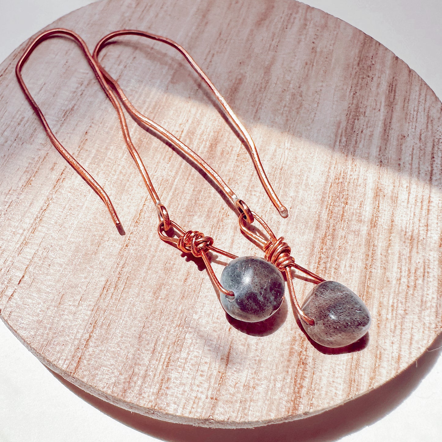 Celestara Hand Forged Copper Labradorite Coin Drop Threader Earrings| Iridescent Dangle with High-Grade Labradorite Bead