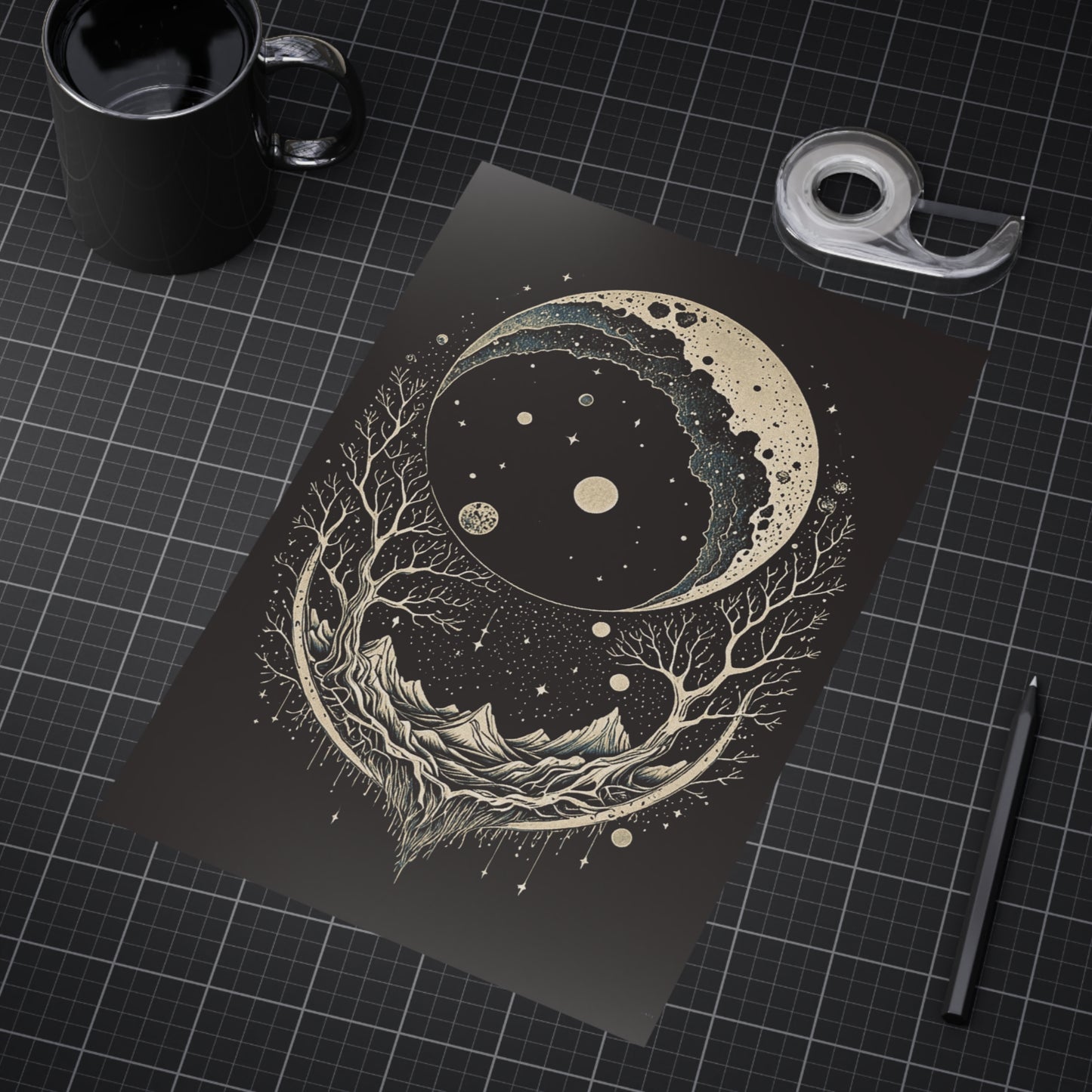 Mountain Eclipse Surreal Lunar Landscape Unframed Art Print