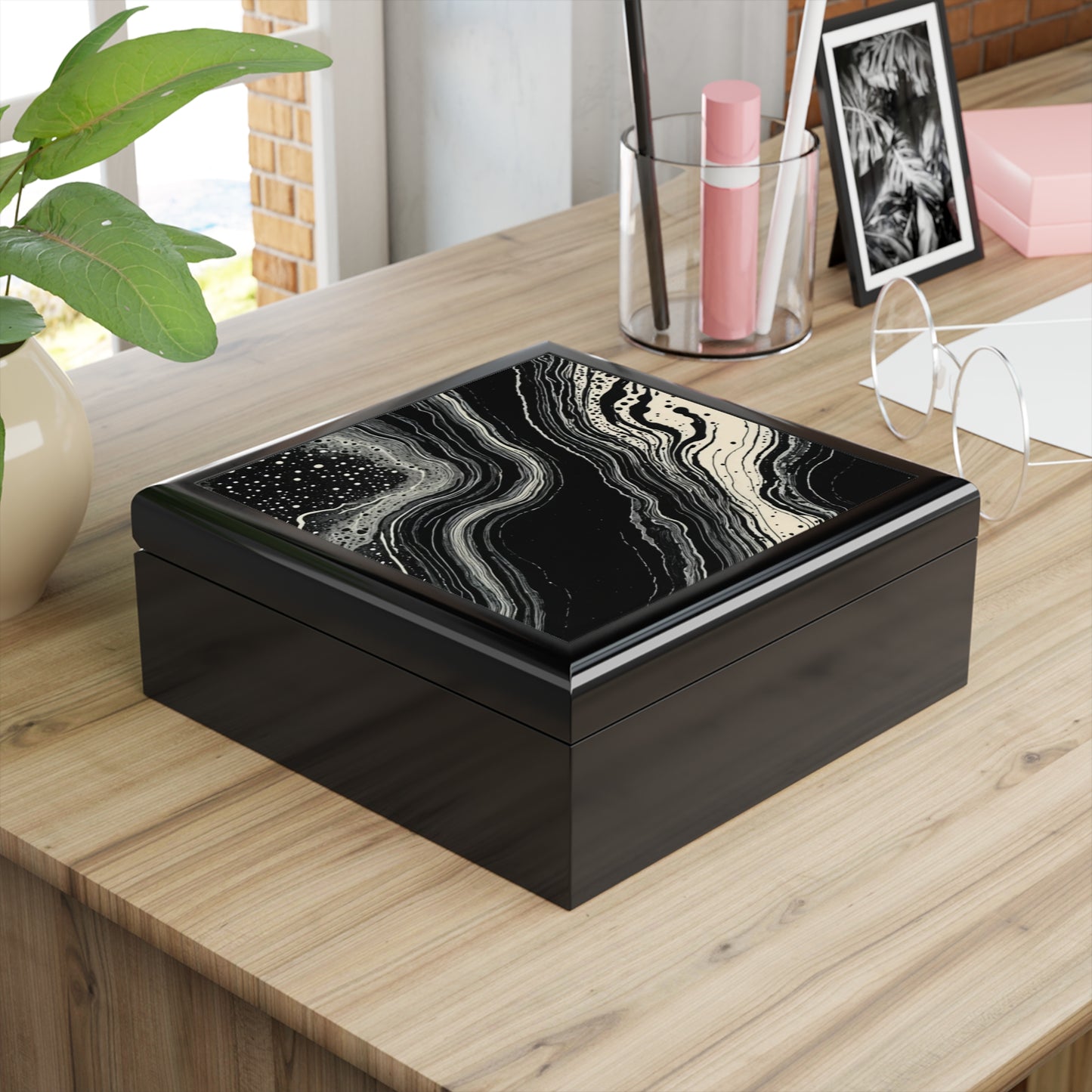 Lunar Drift Abstract Black & White Flow Jewelry Box