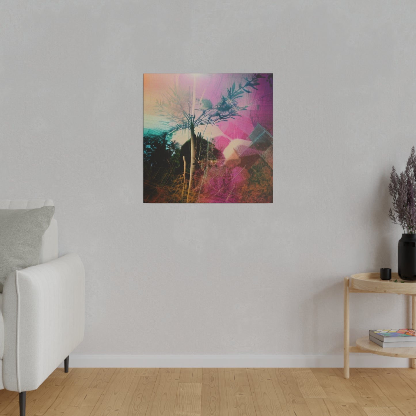 Neon Pink and Green Plant Abstract Dreamscape Wall Art on Matte Canvas
