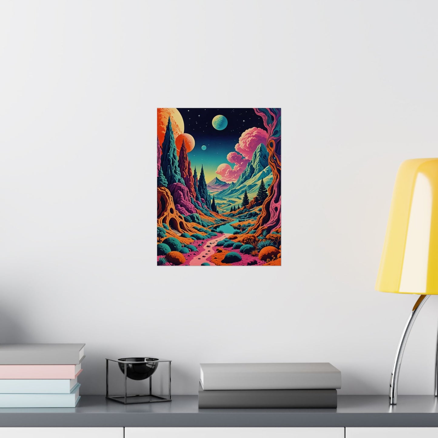 Crimson Cloud Valley| Retro Trippy Pyramid Space Poster| Surreal Psychedelic Fantasy Posters – Whimsical Fine Art Wall Prints