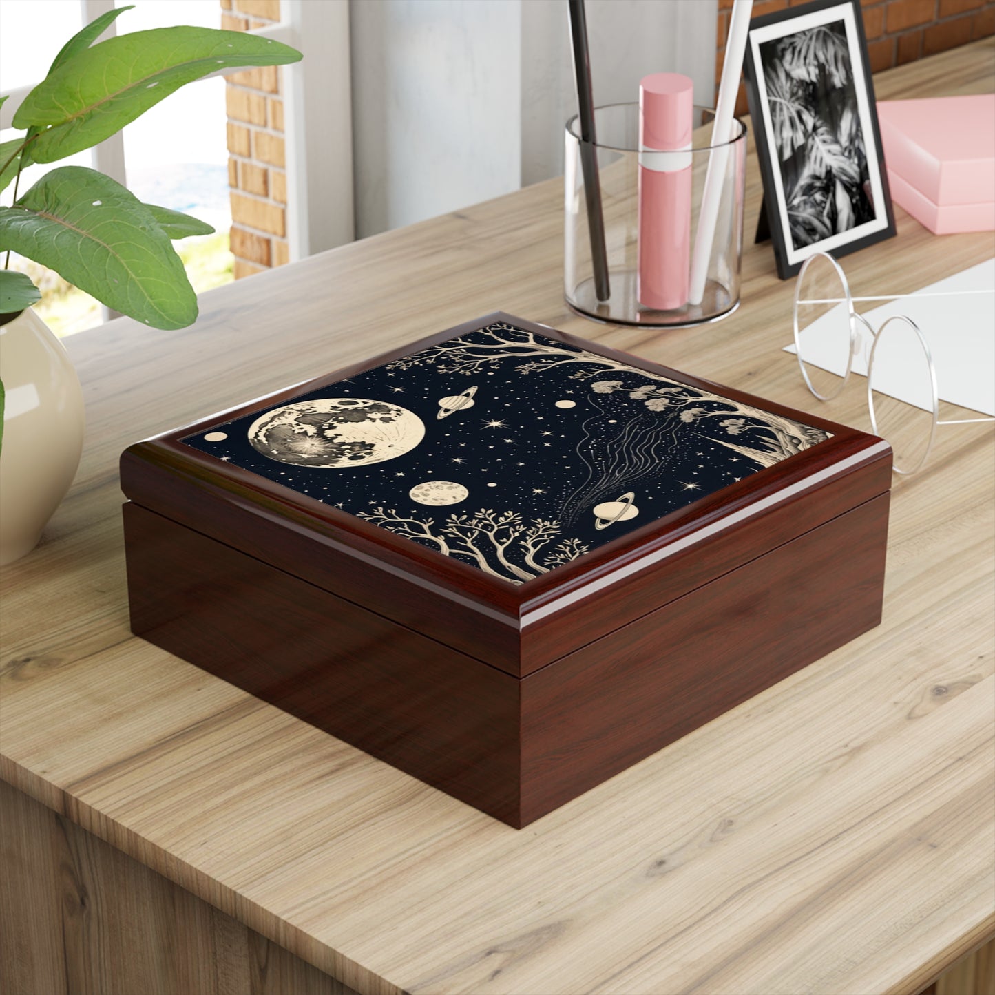 Celestial Blooms Custom Art Jewelry Box – Handmade Decorative Keepsake Storage for Gifts, Memorials & Special Occasions