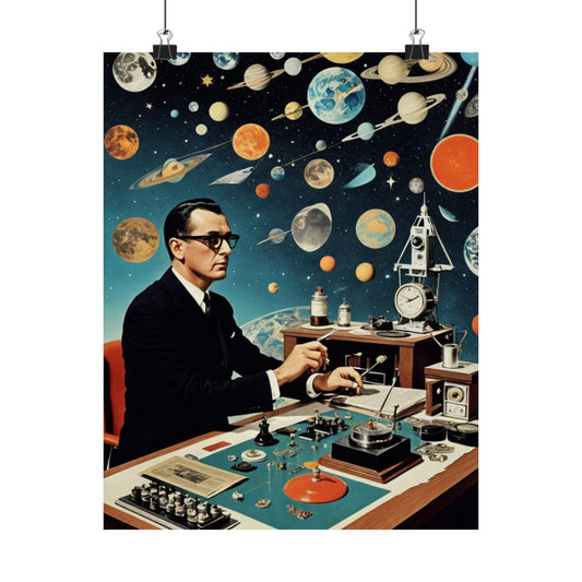 Astrologer’s Desk|Dada Psychedelic Planetary Collage Satin Poster (11x14”)