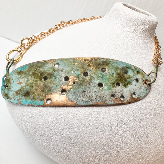Verdigris Horizon Cuff Bracelet – Patina Brass & Gold Handmade Jewelry