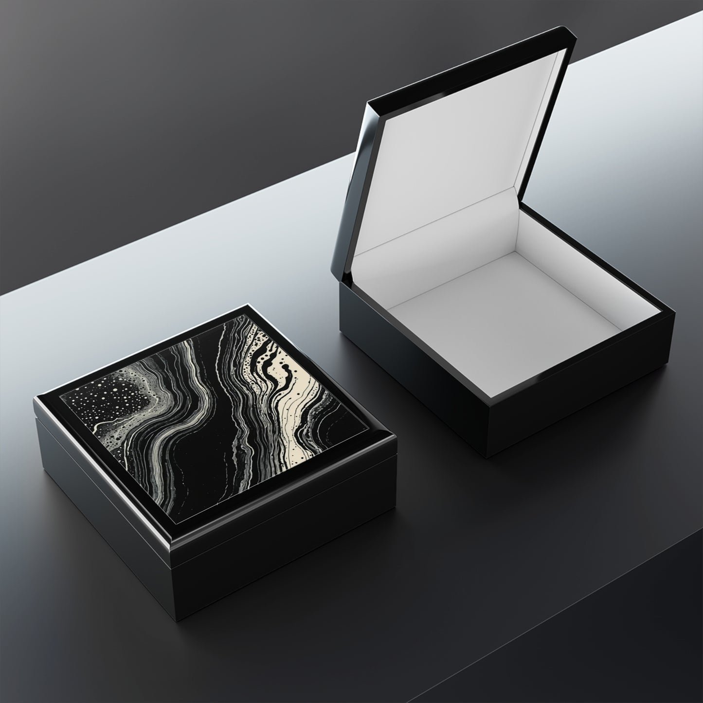 Lunar Drift Abstract Black & White Flow Jewelry Box