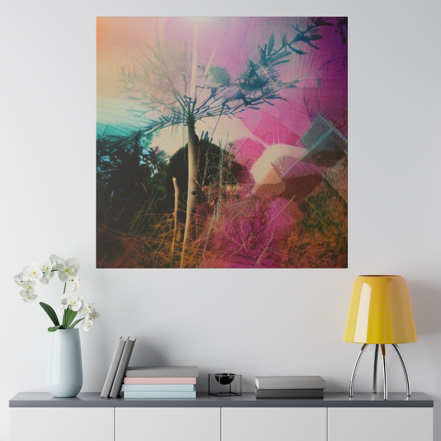 Neon Pink and Green Plant Abstract Dreamscape Wall Art on Matte Canvas