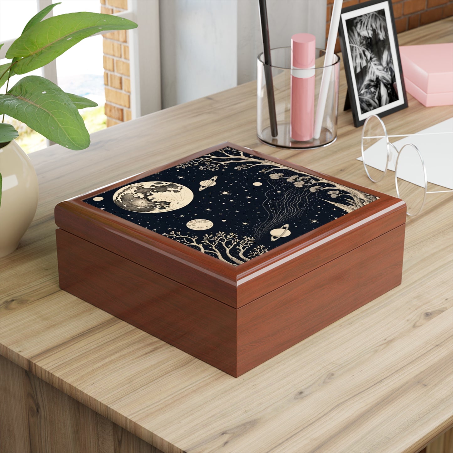 Celestial Blooms Custom Art Jewelry Box – Handmade Decorative Keepsake Storage for Gifts, Memorials & Special Occasions