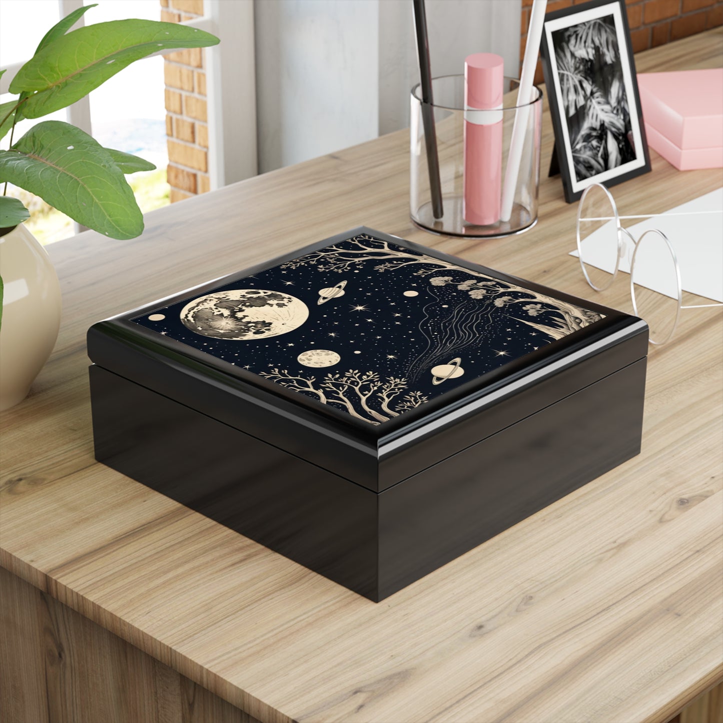 Celestial Blooms Custom Art Jewelry Box – Handmade Decorative Keepsake Storage for Gifts, Memorials & Special Occasions