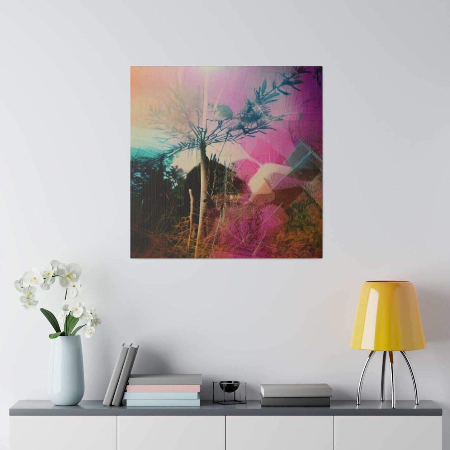 Neon Pink and Green Plant Abstract Dreamscape Wall Art on Matte Canvas