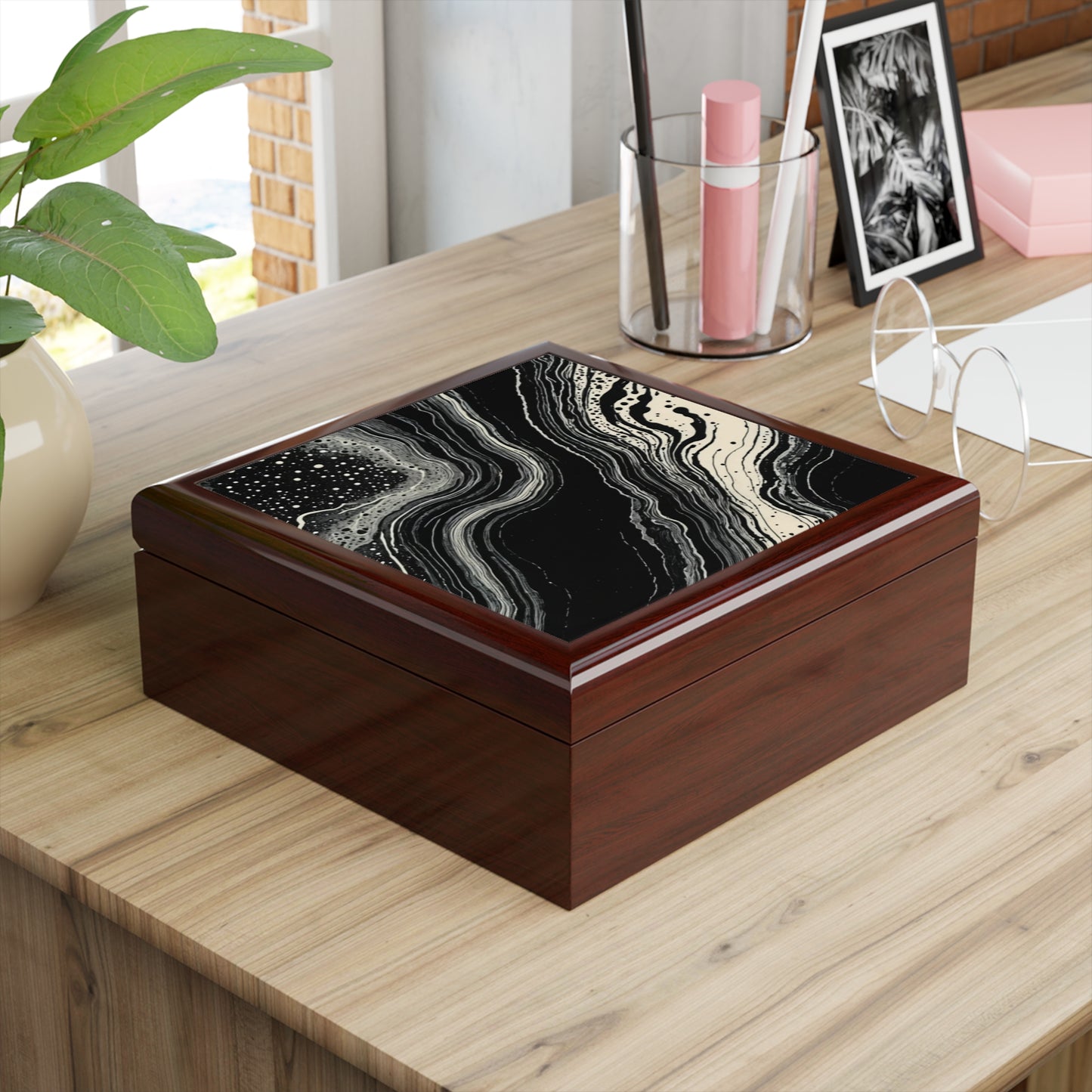 Lunar Drift Abstract Black & White Flow Jewelry Box