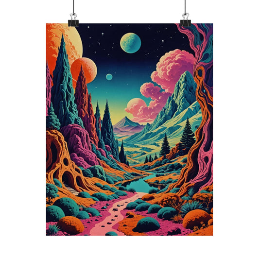 Crimson Cloud Valley| Retro Trippy Pyramid Space Poster| Surreal Psychedelic Fantasy Posters – Whimsical Fine Art Wall Prints