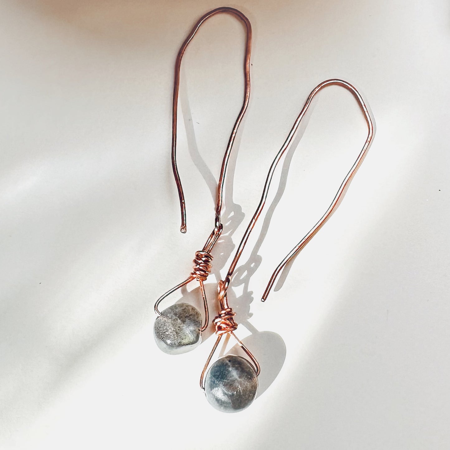 Celestara Hand Forged Copper Labradorite Coin Drop Threader Earrings| Iridescent Dangle with High-Grade Labradorite Bead