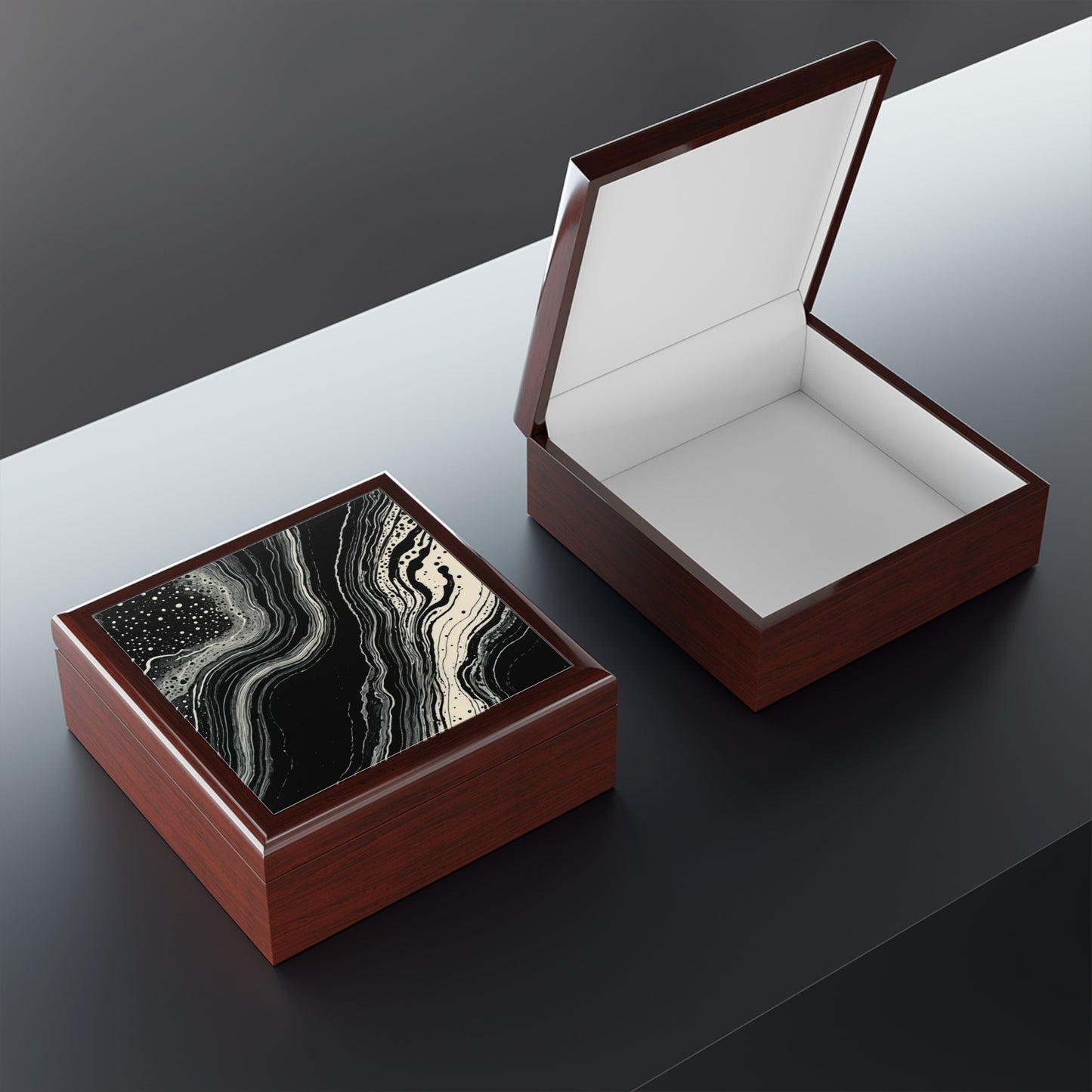 Lunar Drift Abstract Black & White Flow Jewelry Box