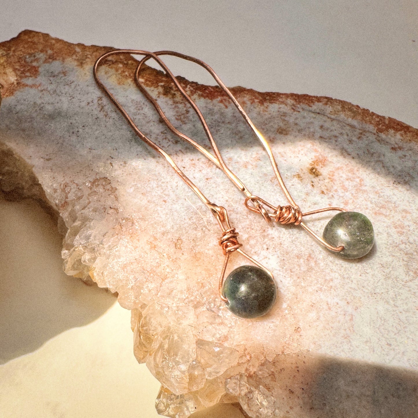 Celestara Hand Forged Copper Labradorite Coin Drop Threader Earrings| Iridescent Dangle with High-Grade Labradorite Bead