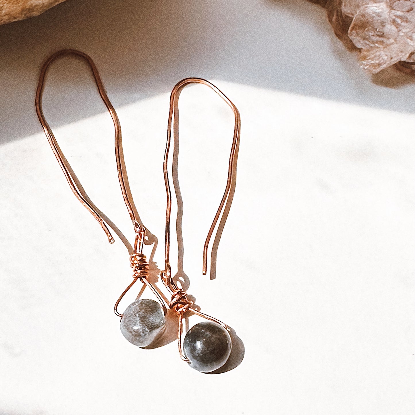 Celestara Hand Forged Copper Labradorite Coin Drop Threader Earrings| Iridescent Dangle with High-Grade Labradorite Bead