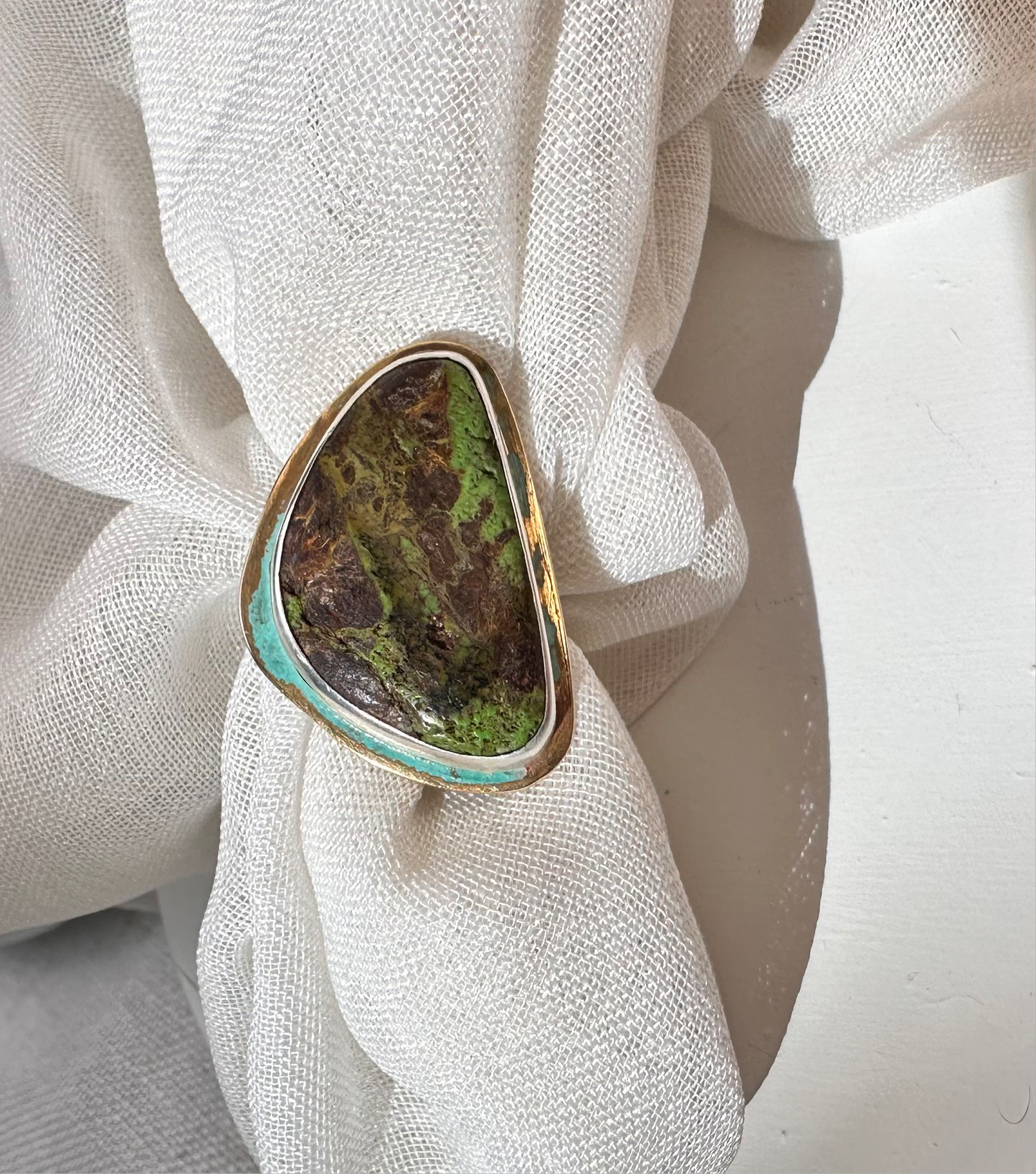 Handcrafted Green Turquoise and Sterling Silver Statement Ring with Organic Asymmetrical Design