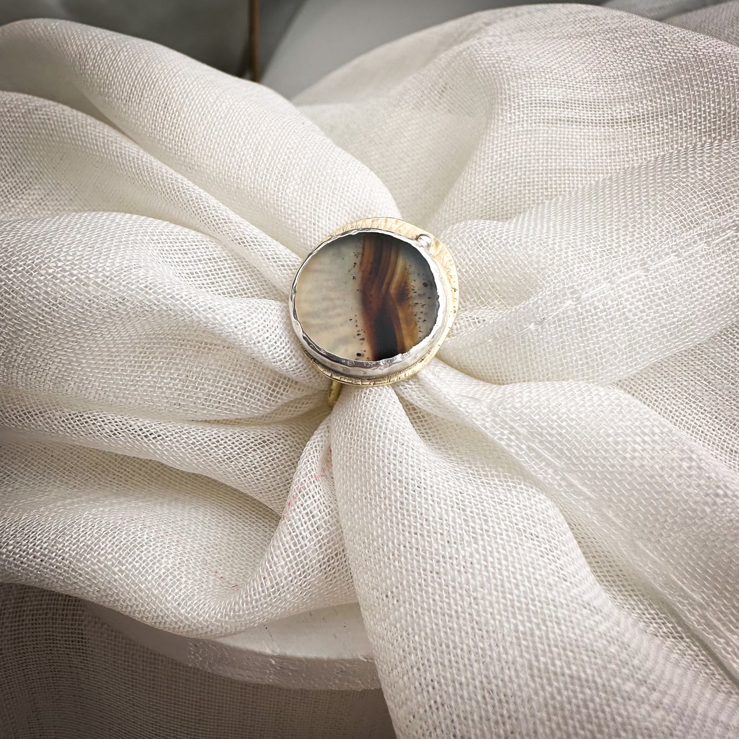 Echoes of Earth– Montana Dendritic Agate Coin Ring (Size 7)