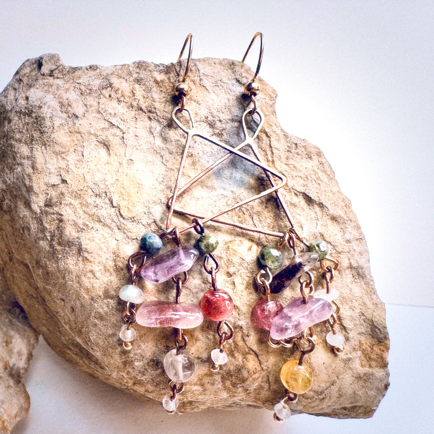 Copper Triangle Dangle Earrings | Tourmaline, Clear Topaz & Super Seven Gemstone Earrings