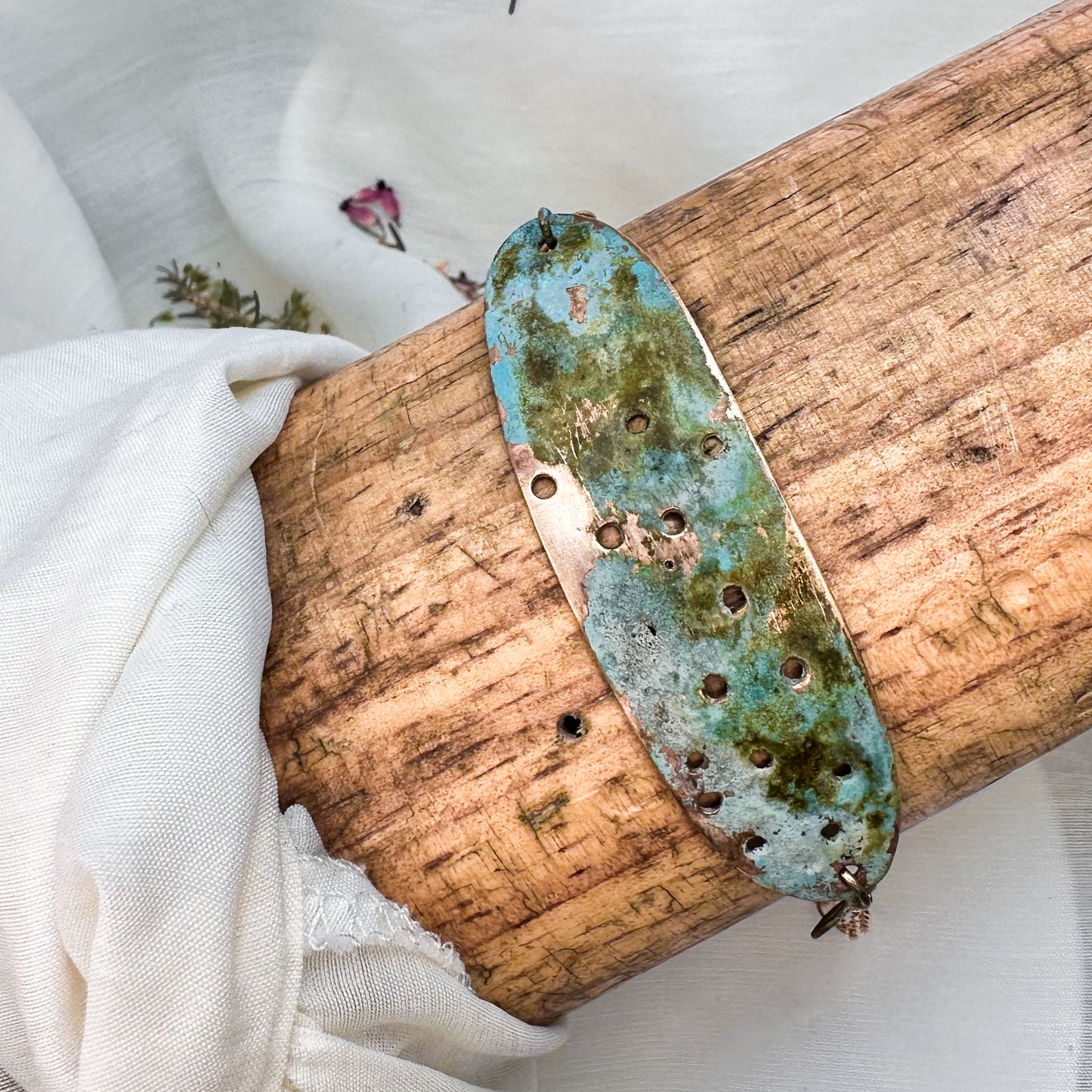 Verdigris Horizon Cuff Bracelet – Patina Brass & Gold Handmade Jewelry