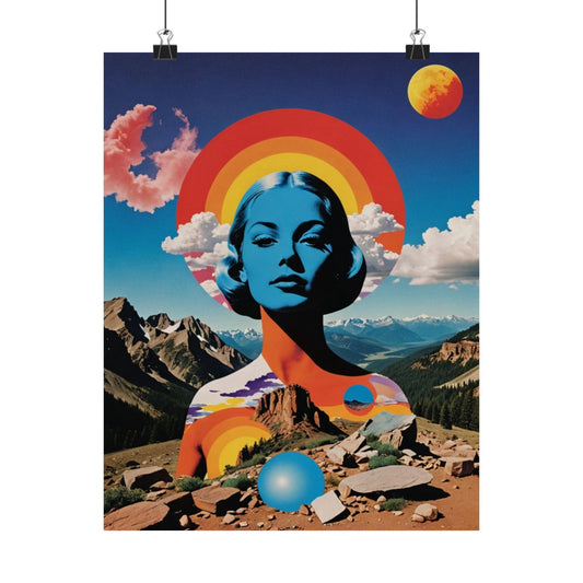 Solar Priestess| Rainbow Collage Portrait|Dada Psychedelic Collage Satin Poster (11x14”)