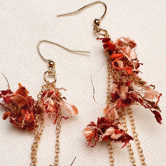 Hand-Sewn Textile Fringe Earrings – Boho Fabric Statement Earrings