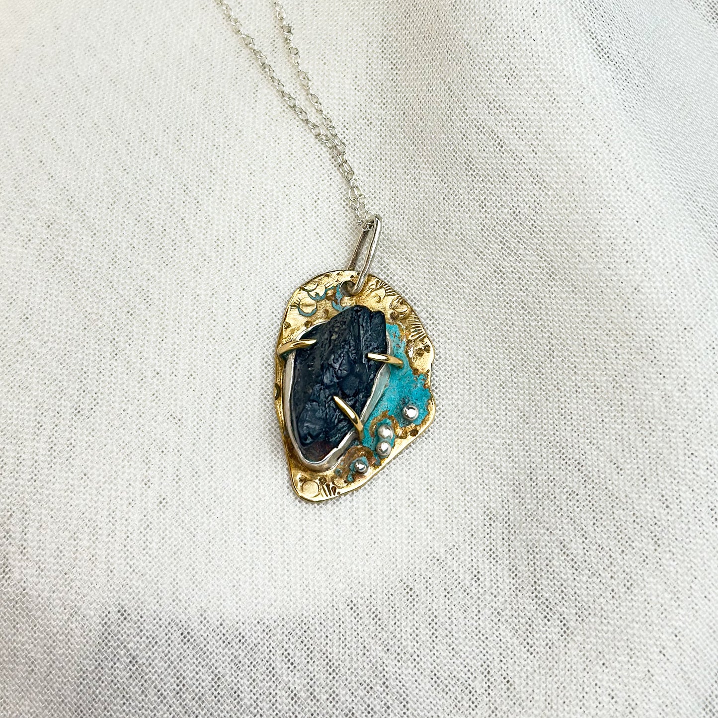 Eclipse Relic Pendant – Black Tourmaline & Verdigris Brass Necklace