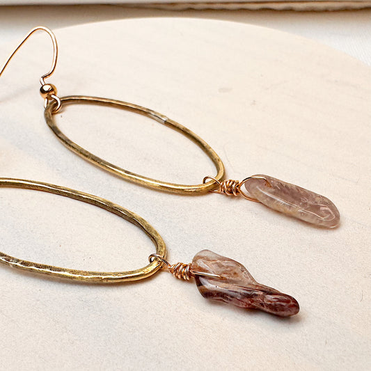 Super Seven Gemstone Hoop Earrings – Elongated Brass Statement Hoops