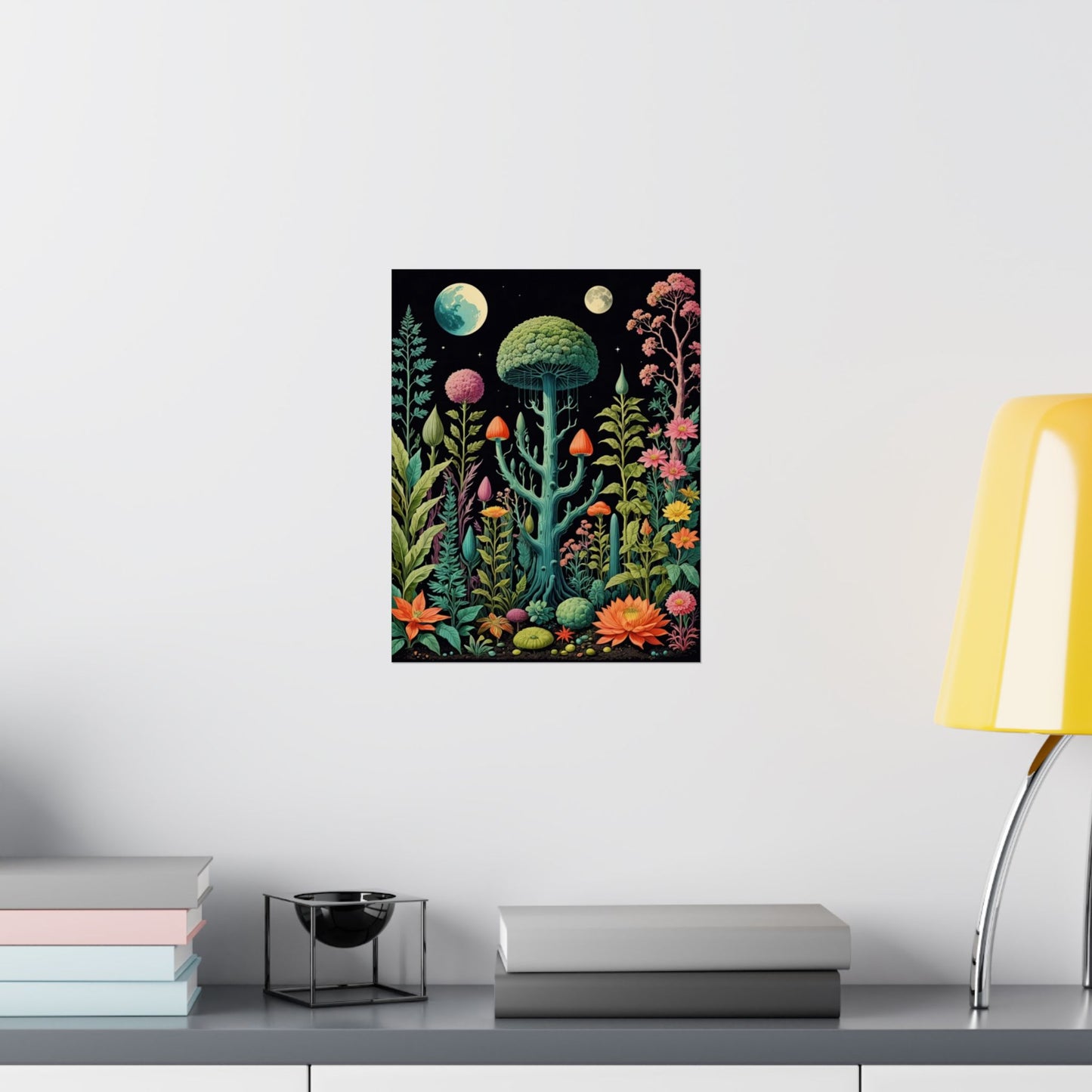 Twin Moons Meadow – Psychedelic Forest Fantasy Print | Surreal Psychedelic Fantasy Posters – Whimsical Fine Art Wall Prints