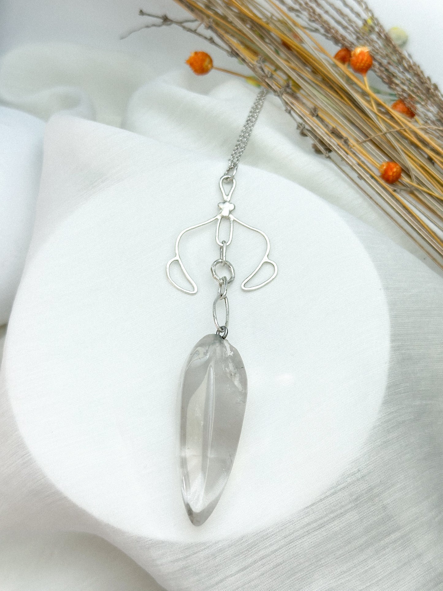 Celestial Balance Quartz Pendant – Hand-Forged Silver & Clear Quartz Necklace