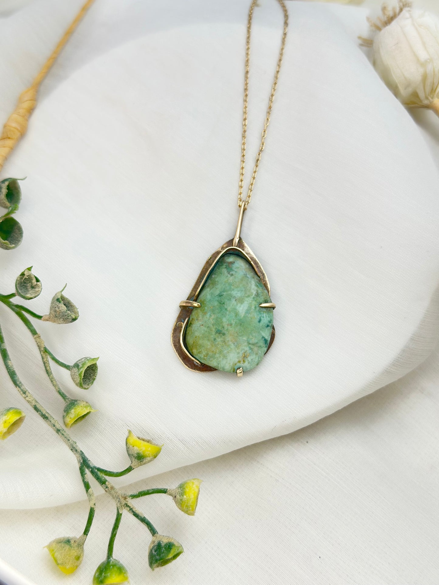 Seafoam Memory– Handcrafted Chrysoprase & Brass Pendant Necklace