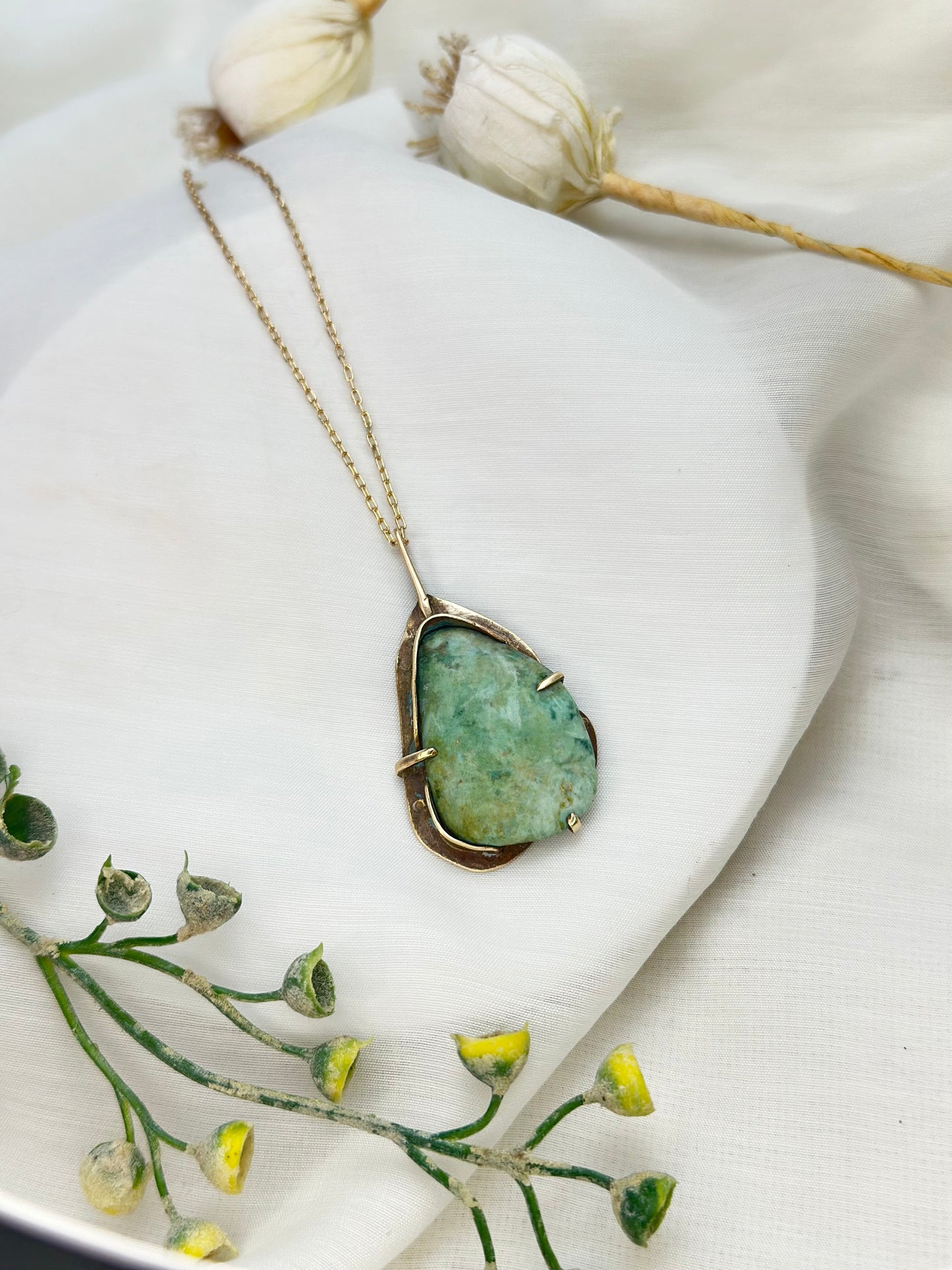 Seafoam Memory– Handcrafted Chrysoprase & Brass Pendant Necklace