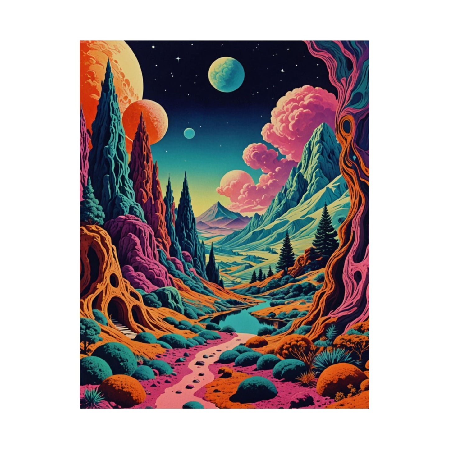 Crimson Cloud Valley| Retro Trippy Pyramid Space Poster| Surreal Psychedelic Fantasy Posters – Whimsical Fine Art Wall Prints