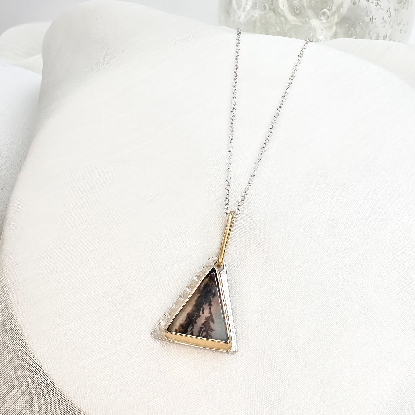 Eclipse Dendritic Agate Triangle Necklace – Mixed Metal Artisan Jewelry