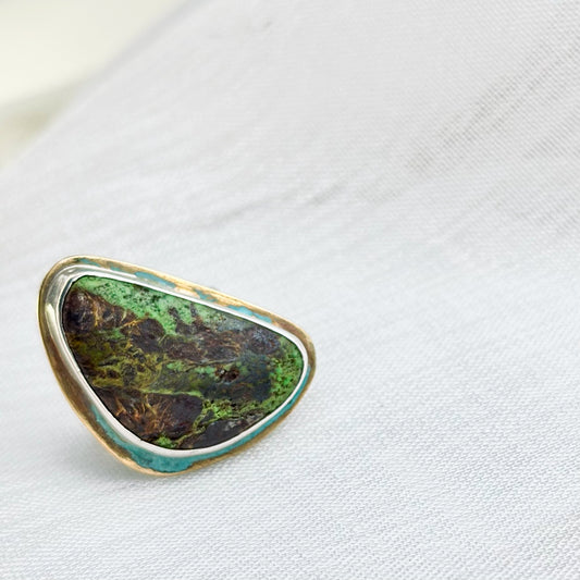 Handcrafted Green Turquoise and Sterling Silver Statement Ring with Organic Asymmetrical Design
