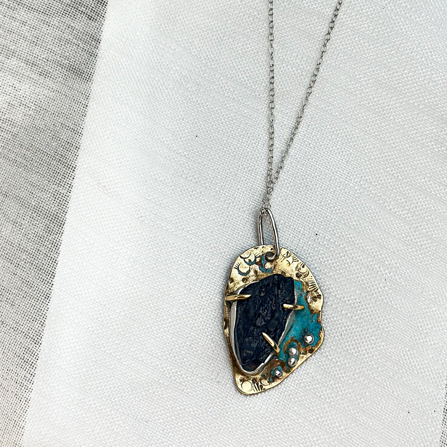 Eclipse Relic Pendant – Black Tourmaline & Verdigris Brass Necklace
