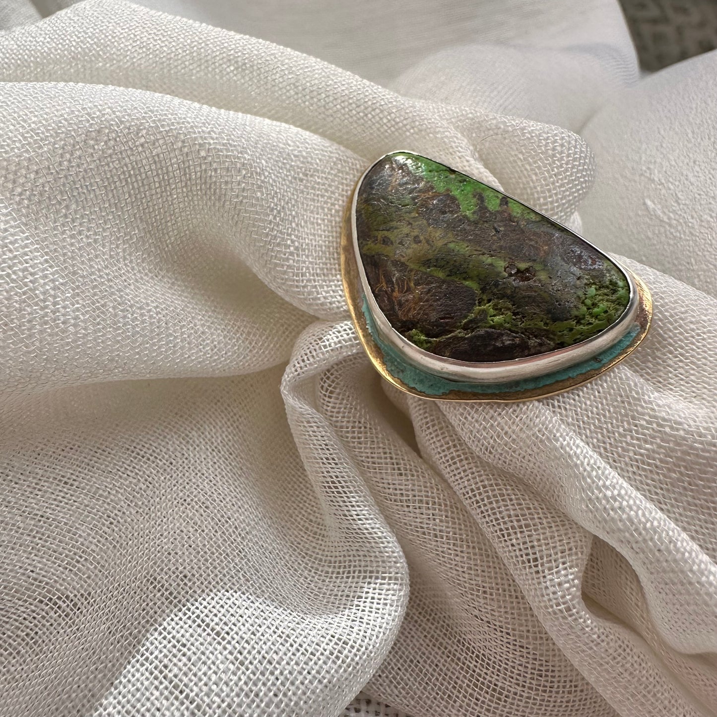 Handcrafted Green Turquoise and Sterling Silver Statement Ring with Organic Asymmetrical Design