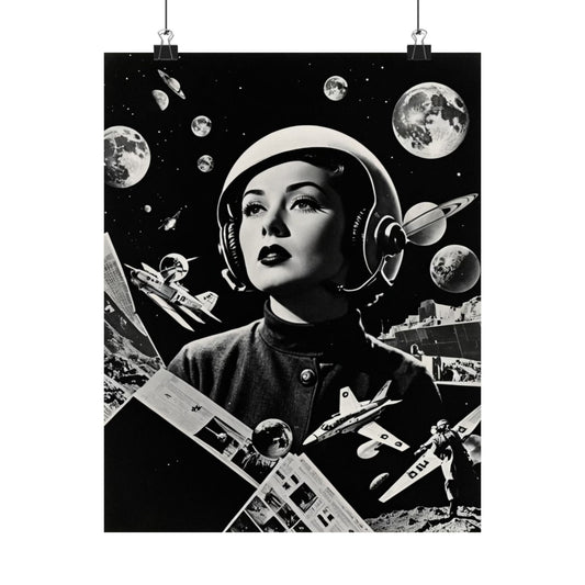 Moonwatcher Monochrome| Dada Psychedelic Collage Satin Poster (11x14”)