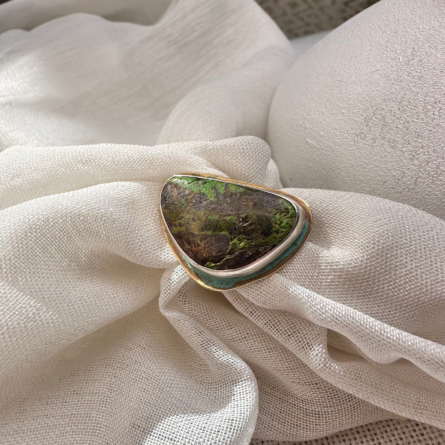 Handcrafted Green Turquoise and Sterling Silver Statement Ring with Organic Asymmetrical Design