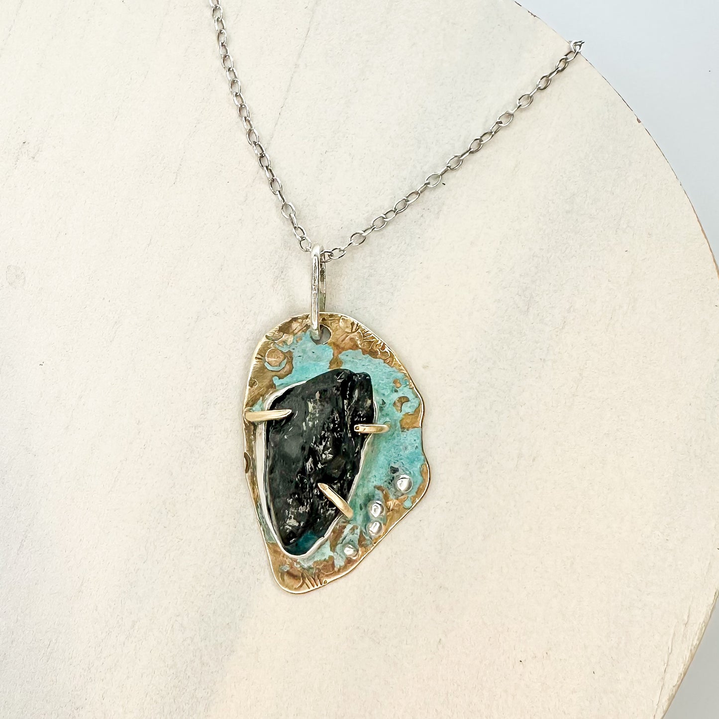 Eclipse Relic Pendant – Black Tourmaline & Verdigris Brass Necklace