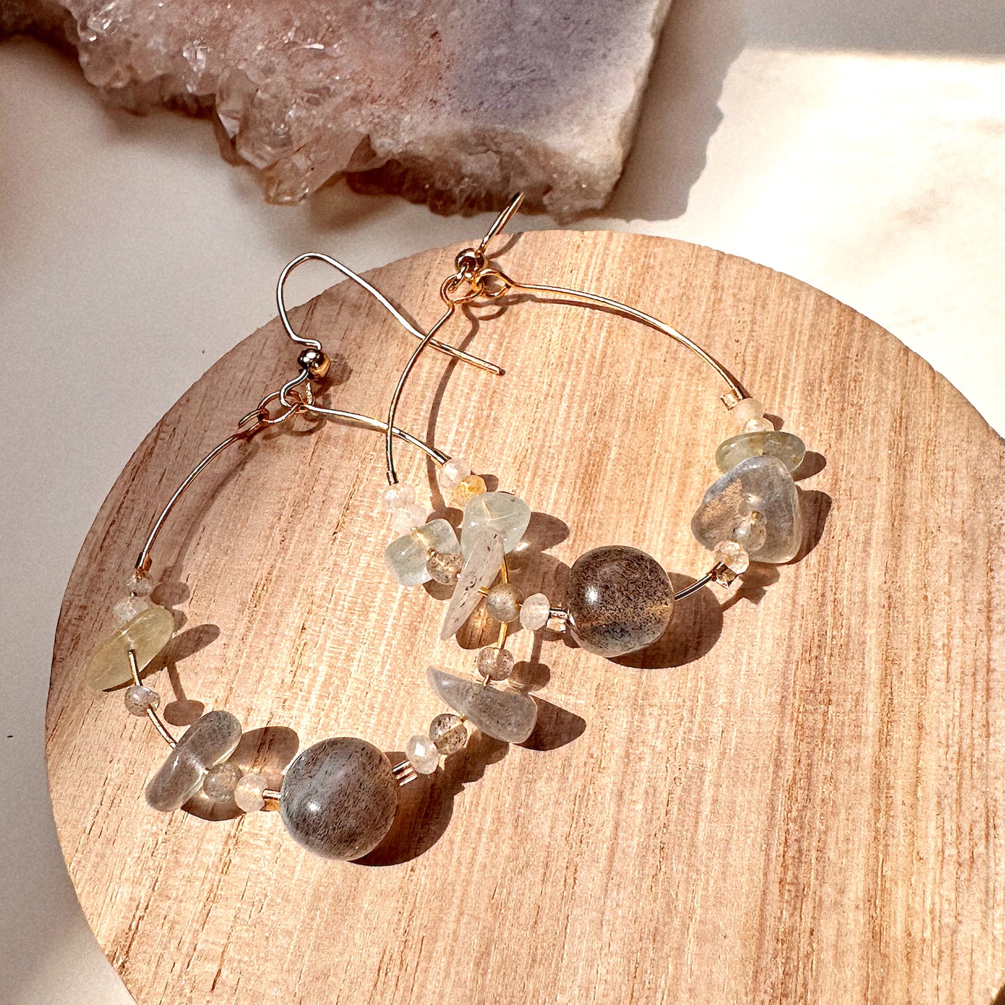 Silver Moondrop Labradorite Hoops |Aquamarine & Clear Topaz