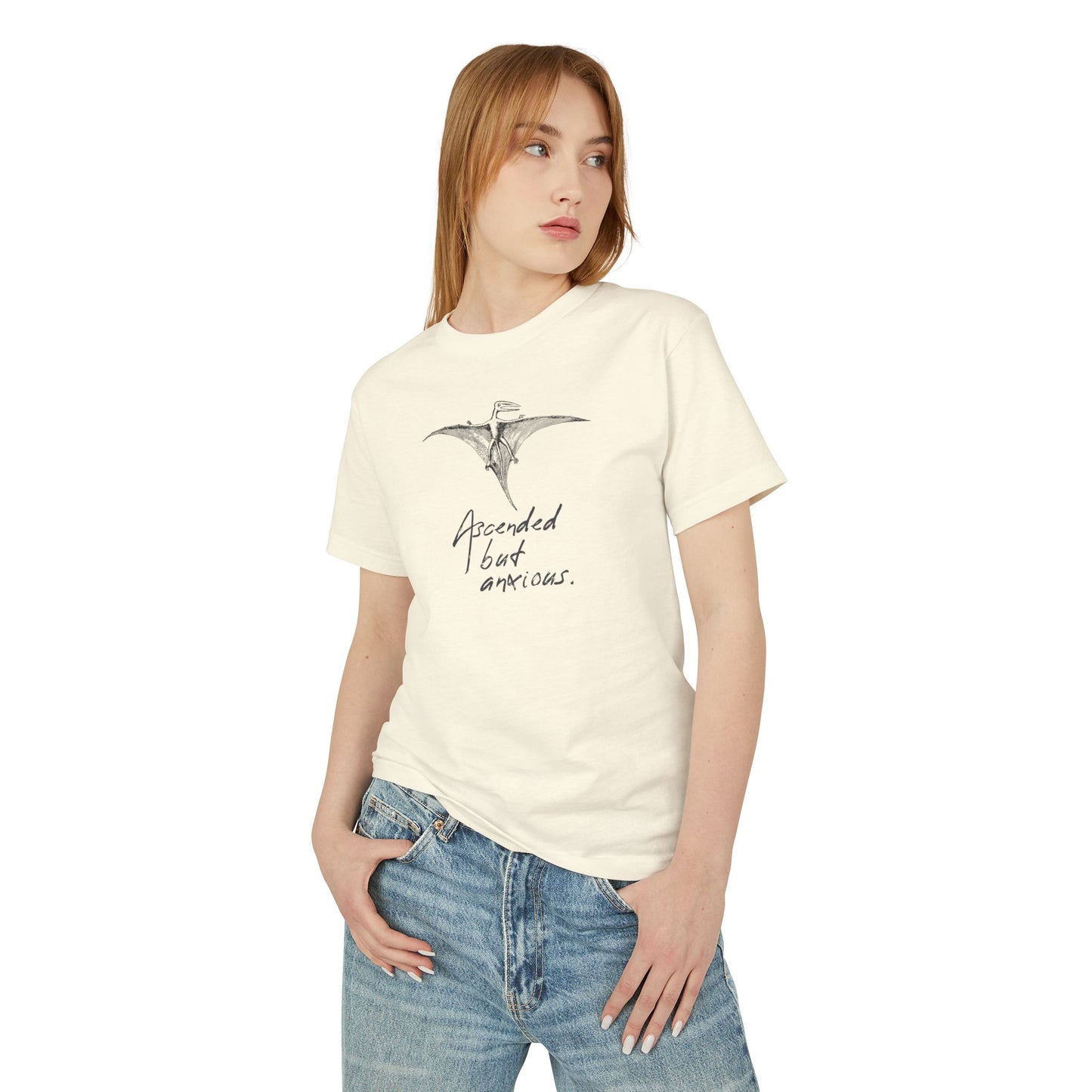 Ascended but Anxious” Unisex Heavyweight Cotton Graphic Tee | Spiritual Existential T-Shirt