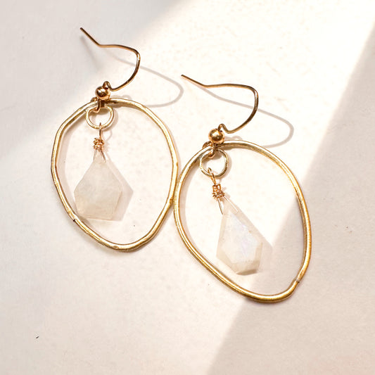 Celestara Luminara Hoops | Hand-Forged Brass Earrings with Flashy Moonstone