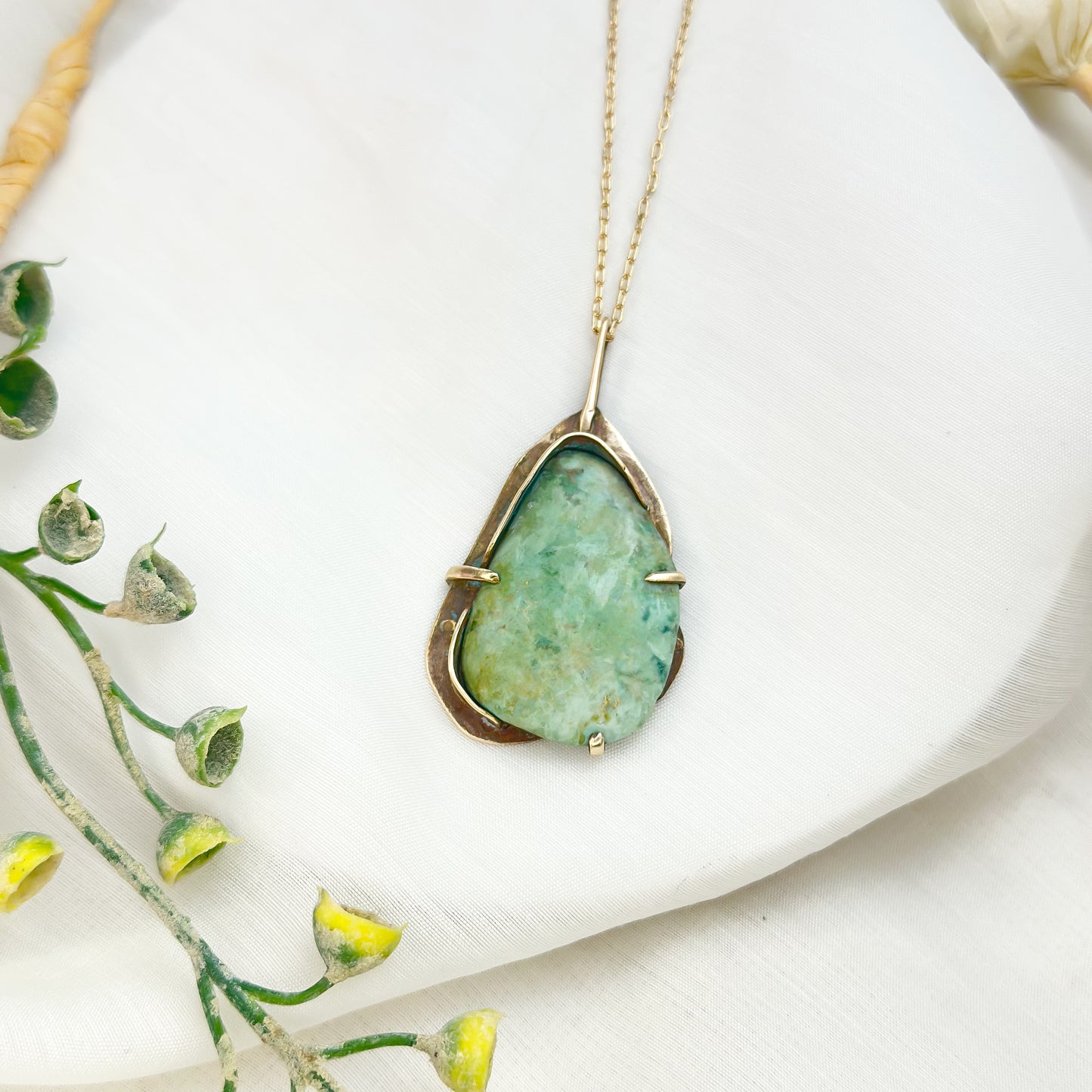Seafoam Memory– Handcrafted Chrysoprase & Brass Pendant Necklace