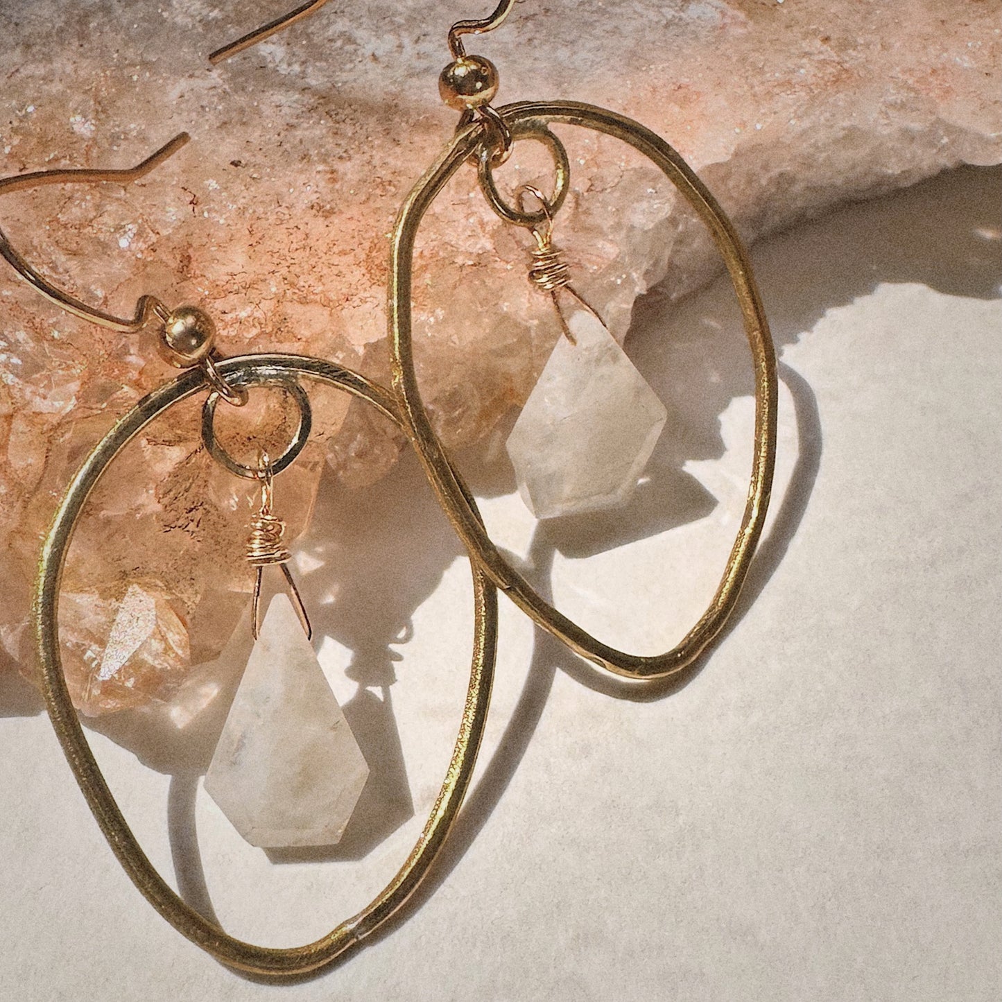 Celestara Luminara Hoops | Hand-Forged Brass Earrings with Flashy Moonstone