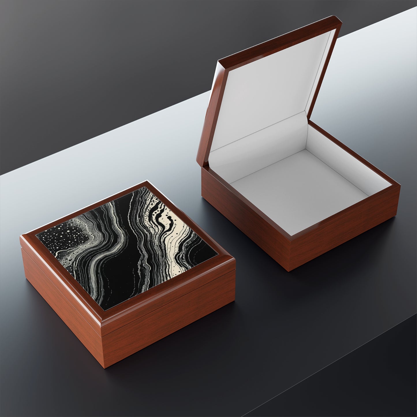 Lunar Drift Abstract Black & White Flow Jewelry Box