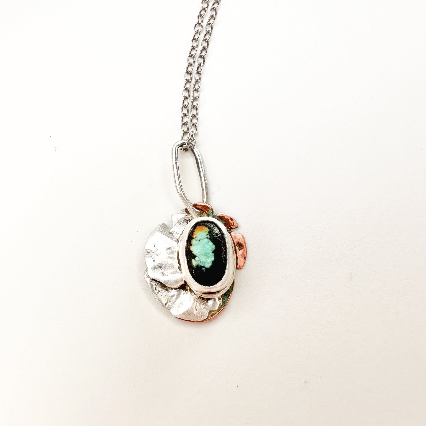 Ember Bloom– Handcrafted Sterling Silver, Copper & Hubei Turquoise Pendant Necklace