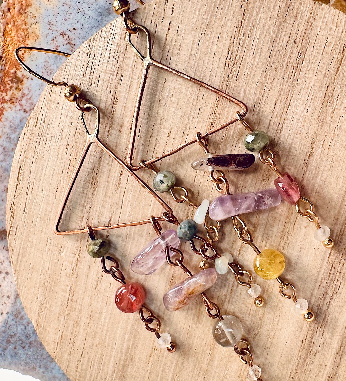 Copper Triangle Dangle Earrings | Tourmaline, Clear Topaz & Super Seven Gemstone Earrings