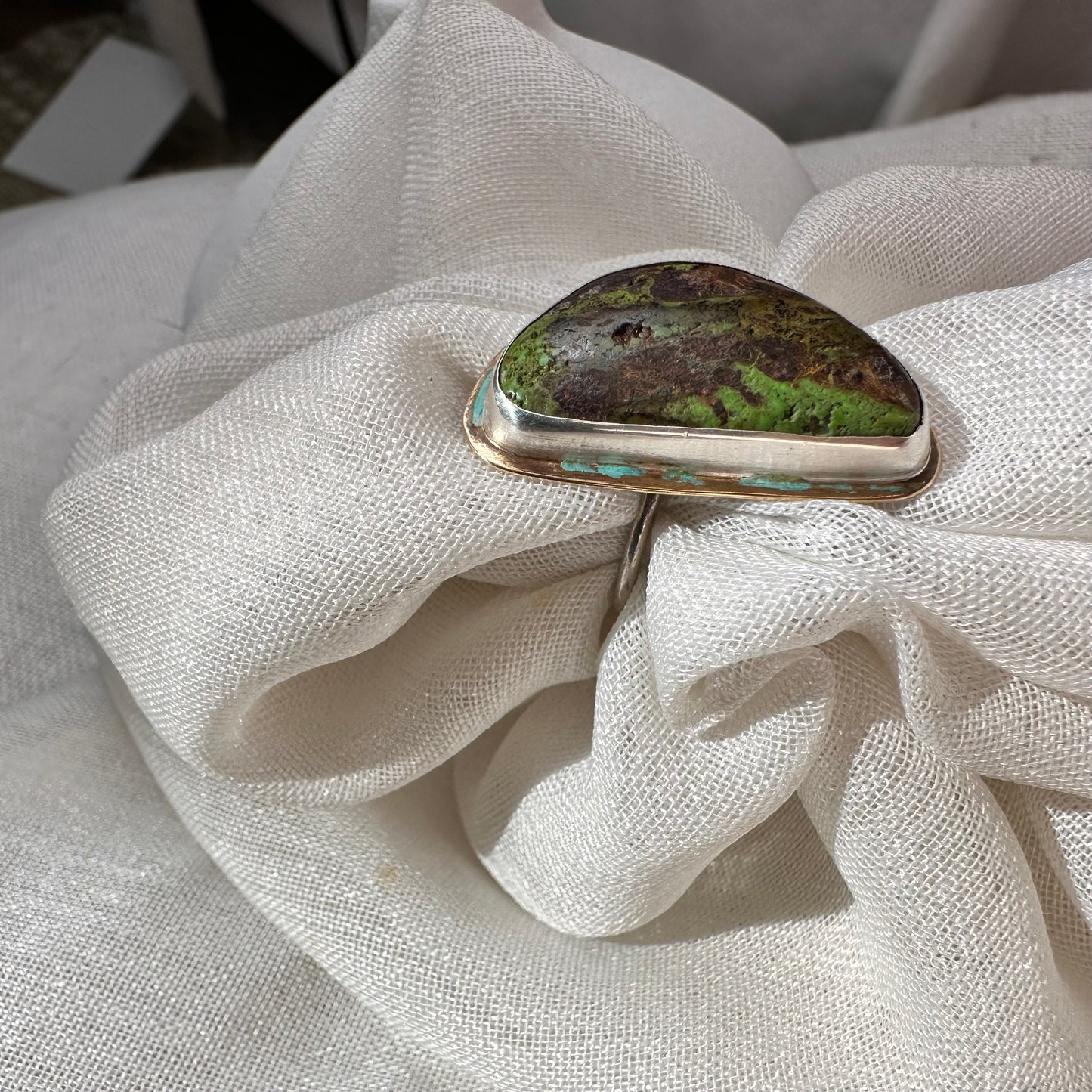 Handcrafted Green Turquoise and Sterling Silver Statement Ring with Organic Asymmetrical Design