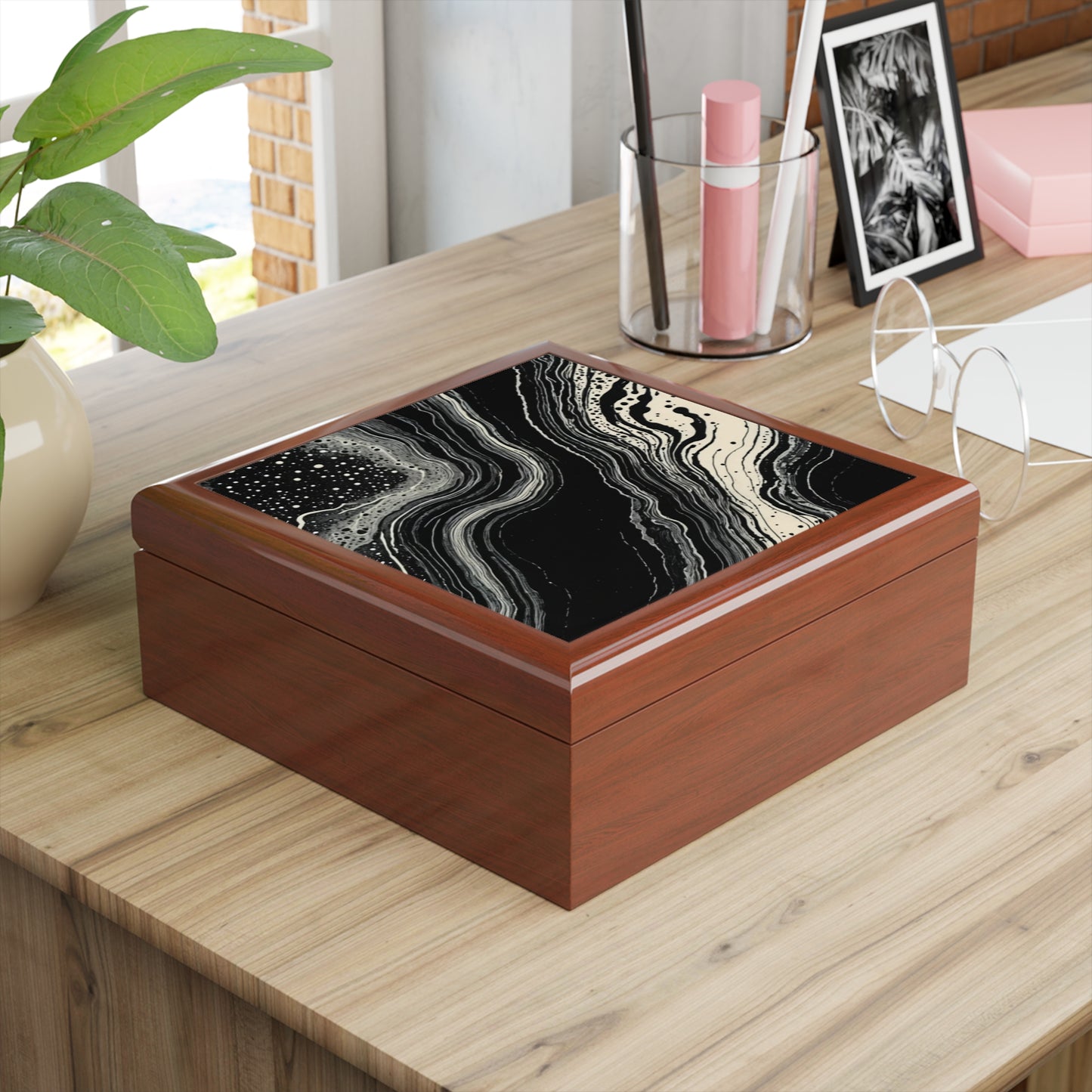 Lunar Drift Abstract Black & White Flow Jewelry Box